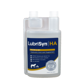 LubriSyn HA pet and equine quart bottle with squeeze measuring function.